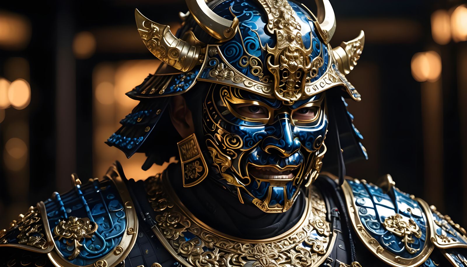 Samurai in Intricate Black and Blue Armor