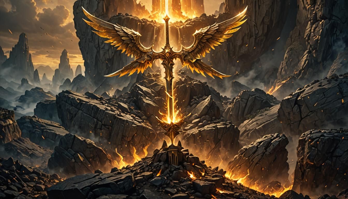 Golden Winged Sword Engulfed in Golden Fire