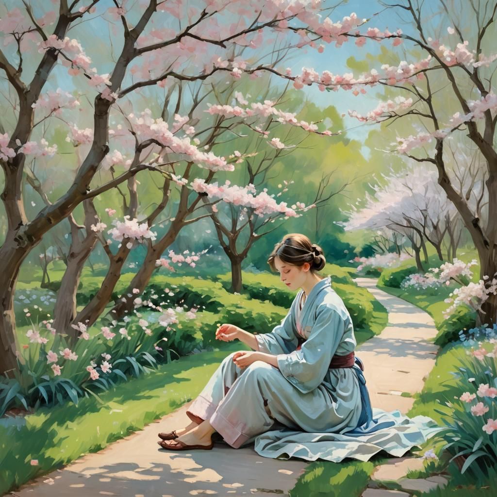 Meditative Figure in Tranquil Cherry Blossom Garden