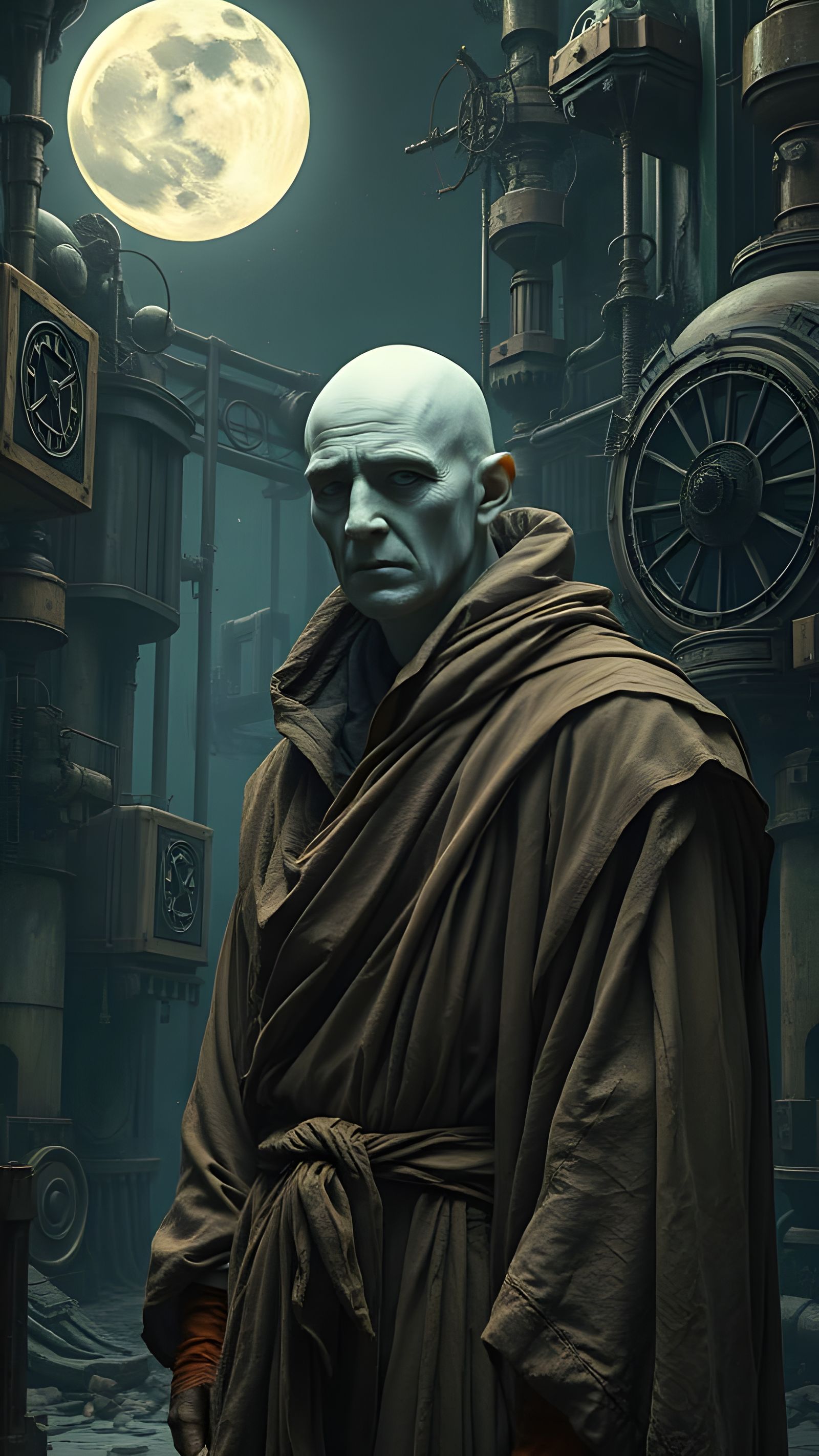 Hyper-Realistic Albino Monk in Dystopian Night
