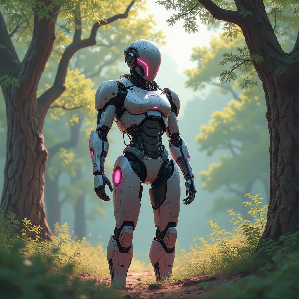 Cyborg with Pink Accents Among Oak Trees in Futuristic Style