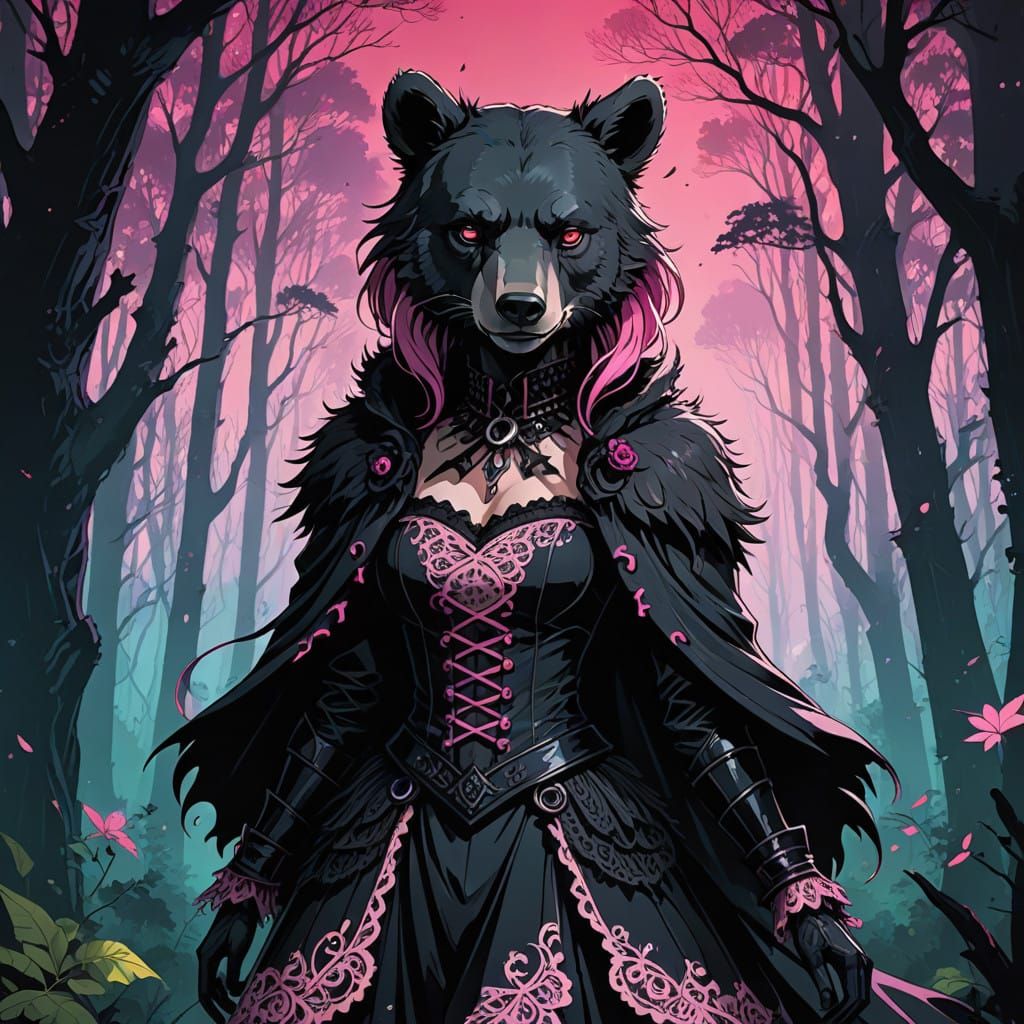 Gothic Grizzly Bear Girl in Dark Fantasy Style