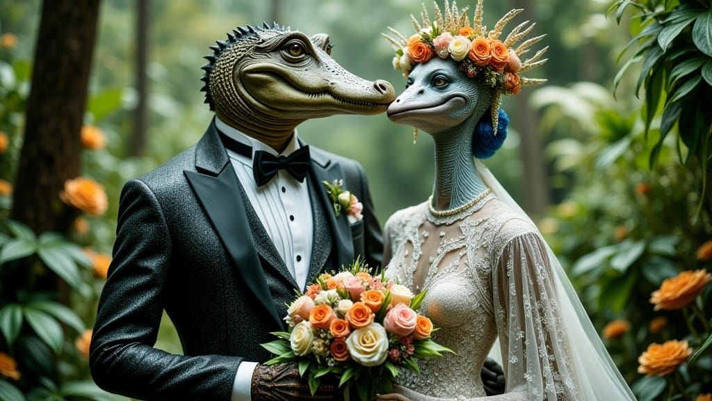 Whimsical Crocodile and Cassowary Wedding in Vibrant Rainfor...