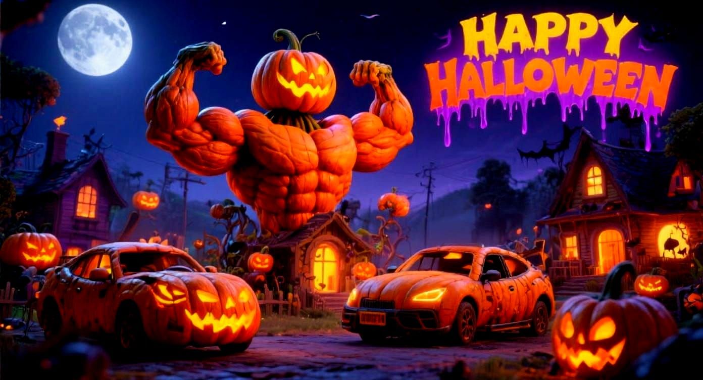 Muscular Pumpkin Village Halloween Art