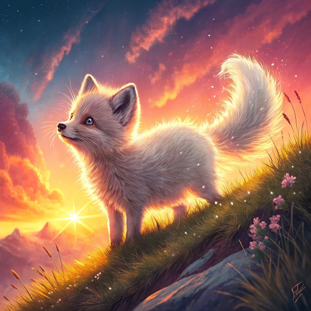 Arctic Fox Sunset in Graffiti Art Style