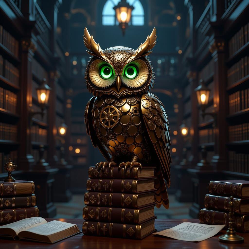 Clockwork Owl in Victorian Library, Steampunk Style