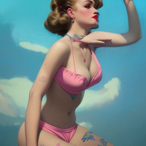 Pinup Girl Portrait with Tattoos in Art Nouveau Style
