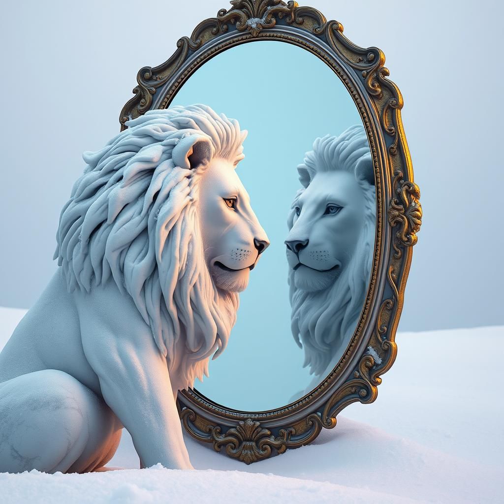 Snowy Lion Statue Gazing into Mirror, Digital Surrealism