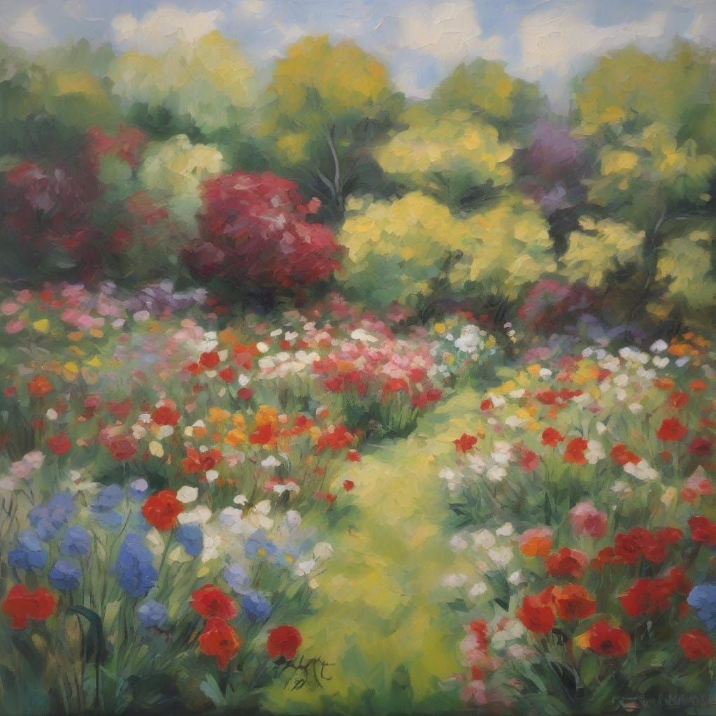 Neo-Impressionist Garden Scene with Expressive Brushstrokes