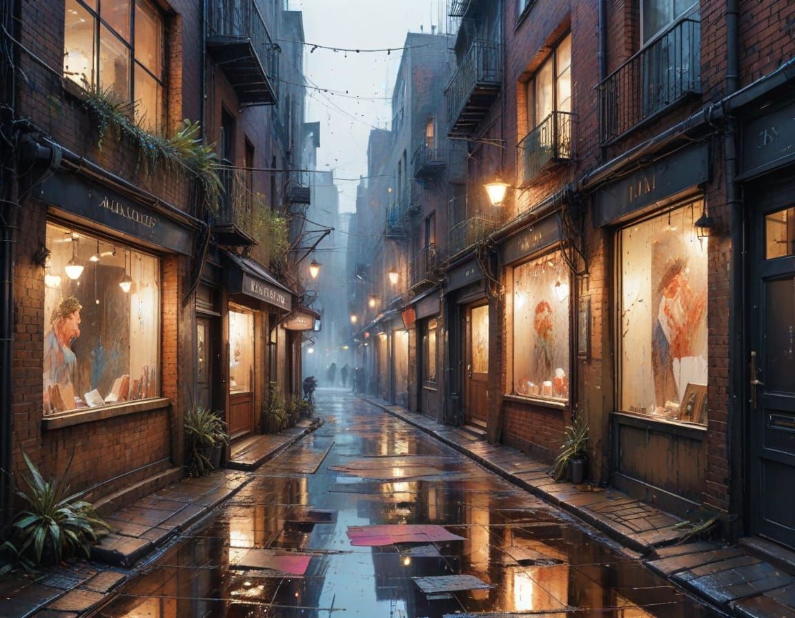 Rainy Urban Alley at Twilight in Watercolor Style