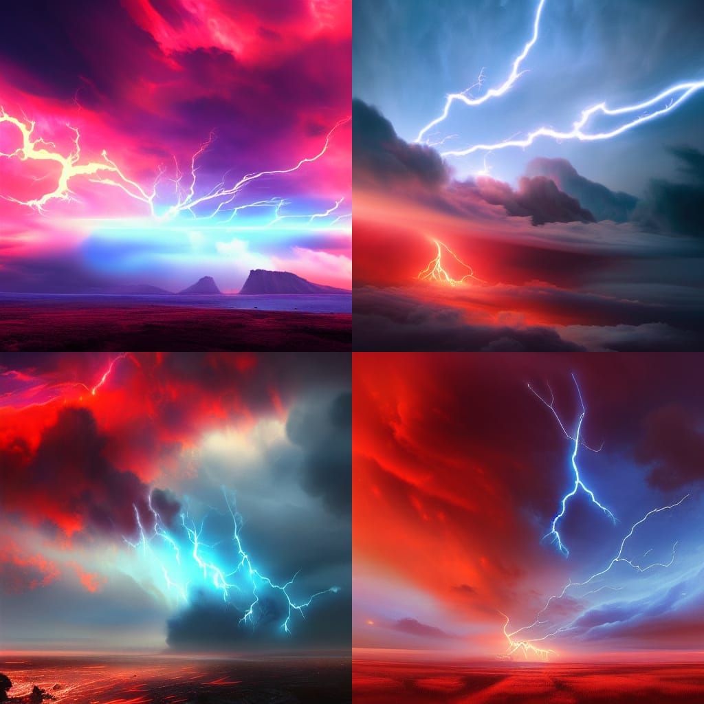 Dramatic Blue Lightning Over Red Clouds Digital Painting