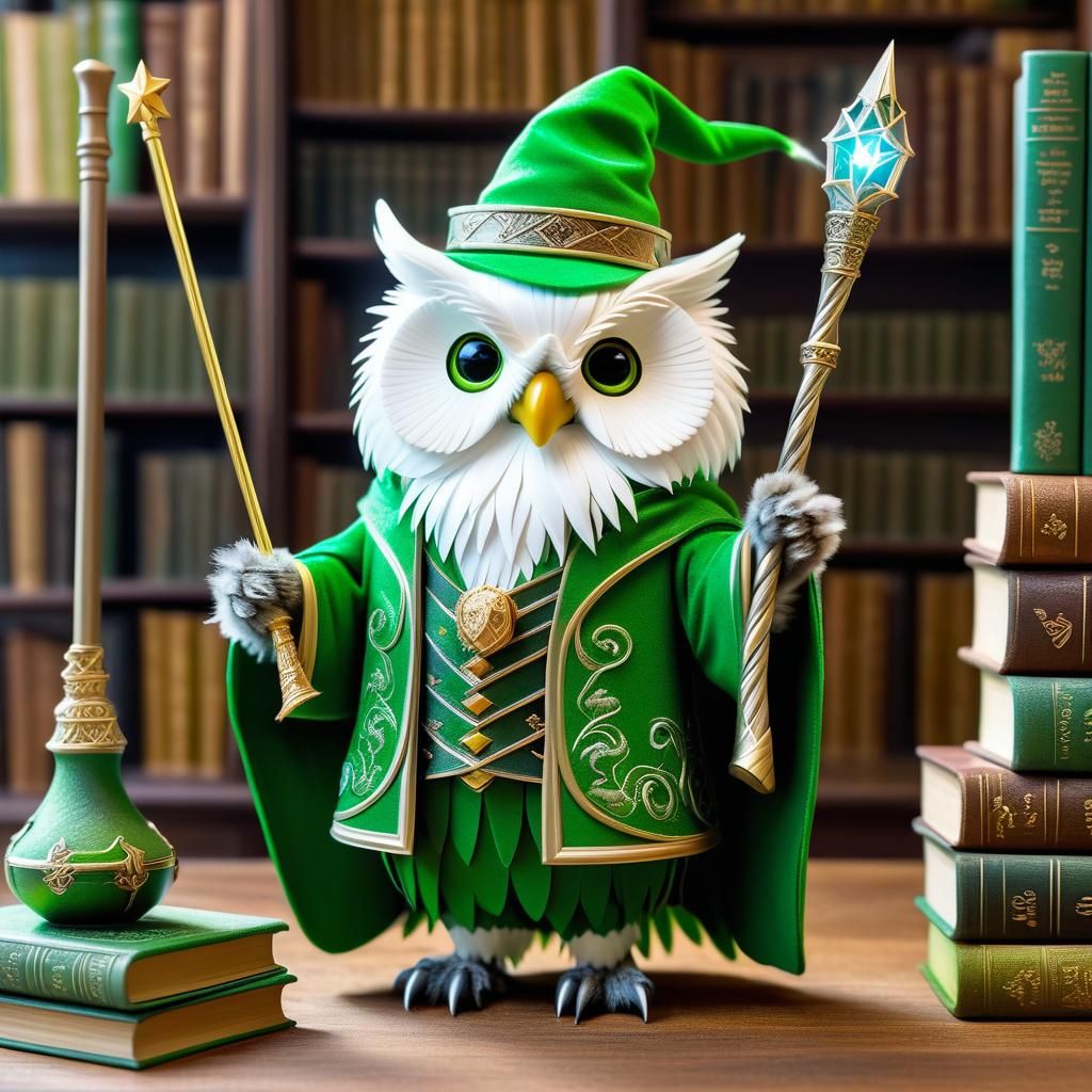 view of green Duolingo owl wearing wizard clothes with long ...