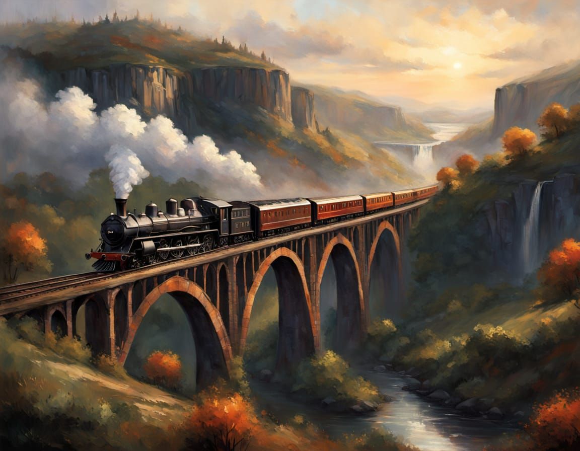 Ornate Steel Bridge Over Wild Valley in Golden Hour