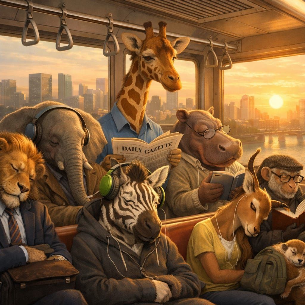 African Animals Commute on Elevated Train at Sunrise