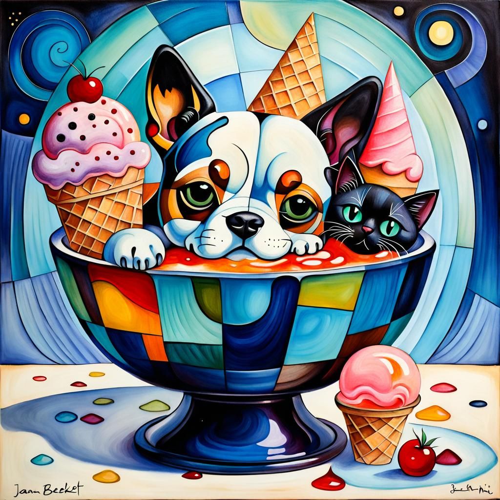 Dog and Kitten in Ice Cream Bowl Art