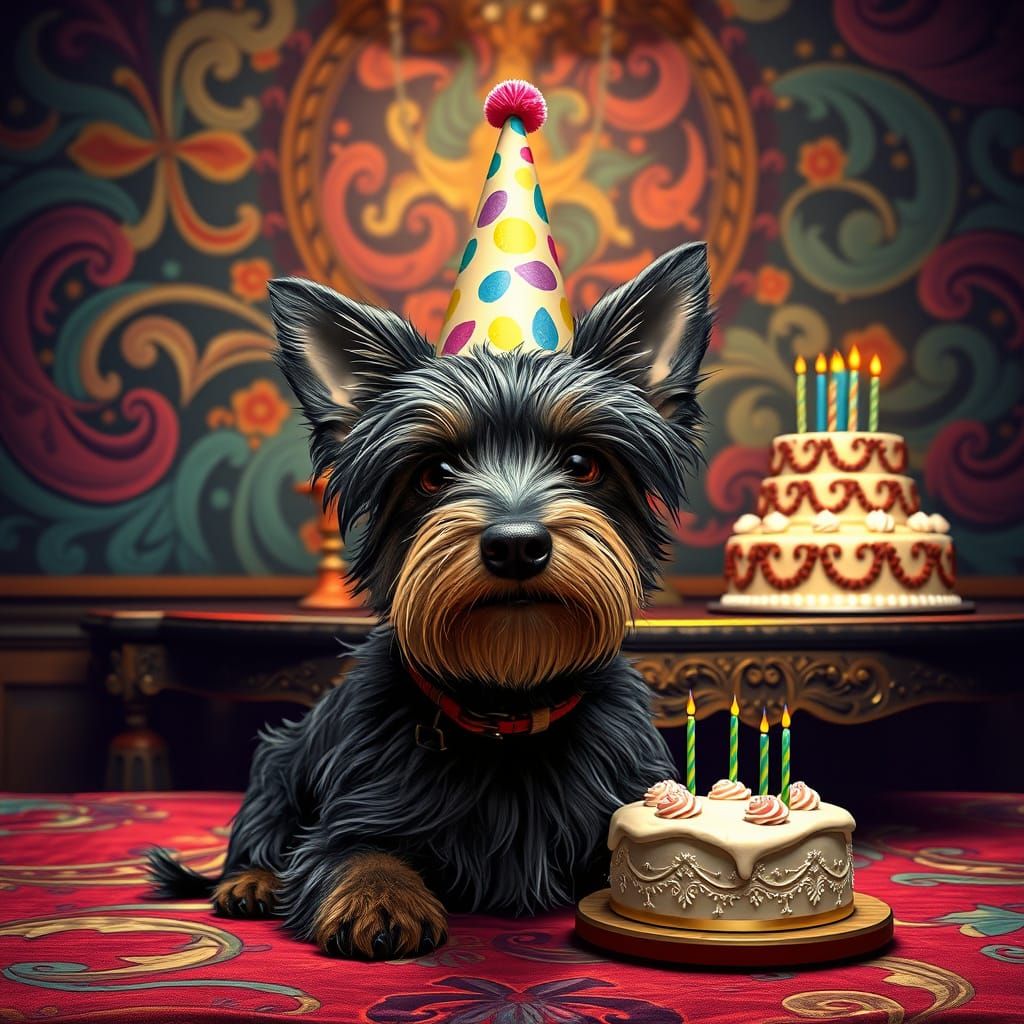 Scottish Terrier Celebrates Birthday in Fantasy Art Style
