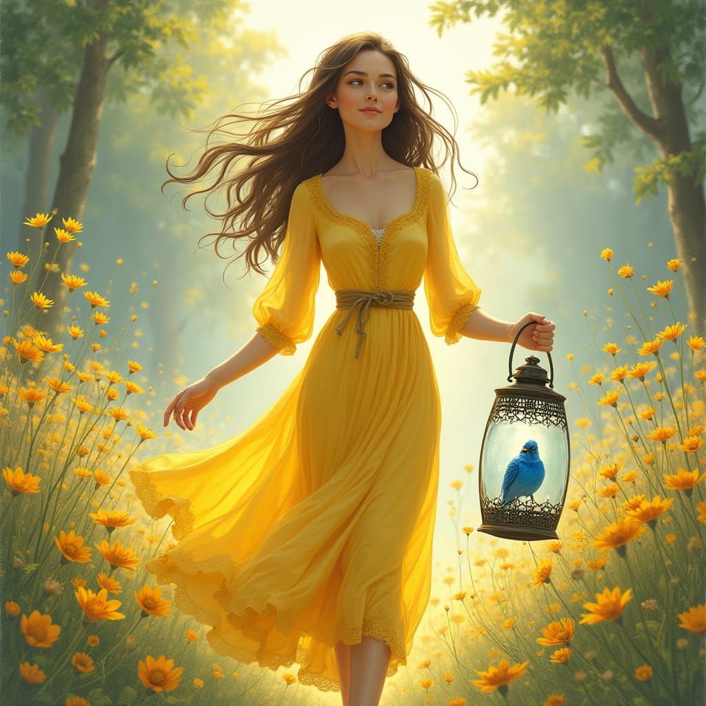 Elegant Woman with Lantern in Floral Path