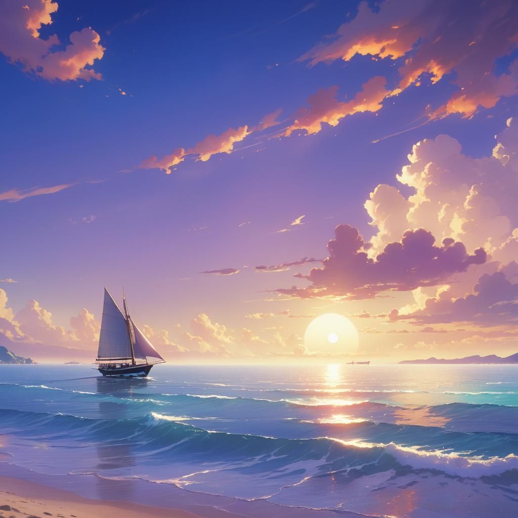 Sailboat on a Serene Anime Beach