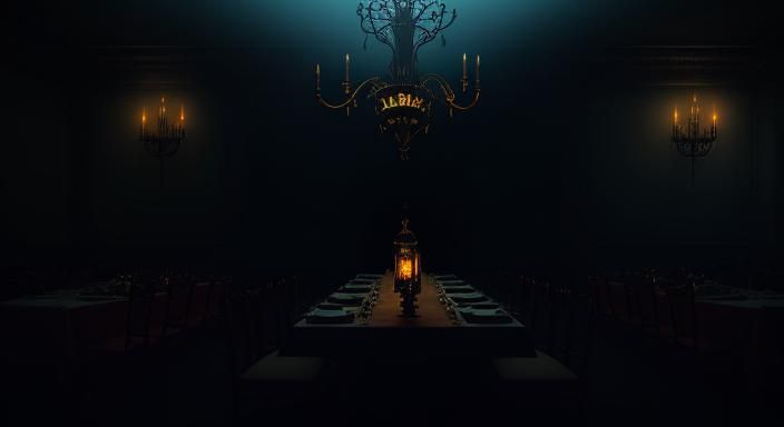 Ghostly Diners in Surreal Candlelit Hall