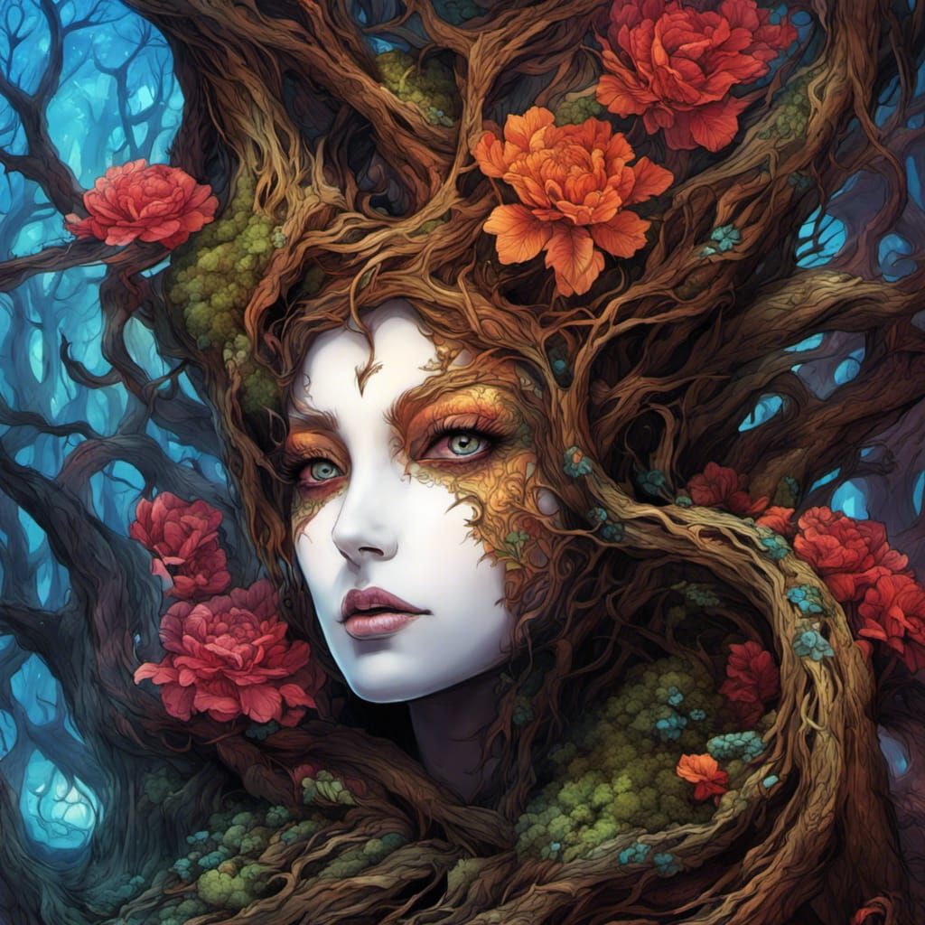 Creepy Tree Face Digital Illustration with Vibrant Colors