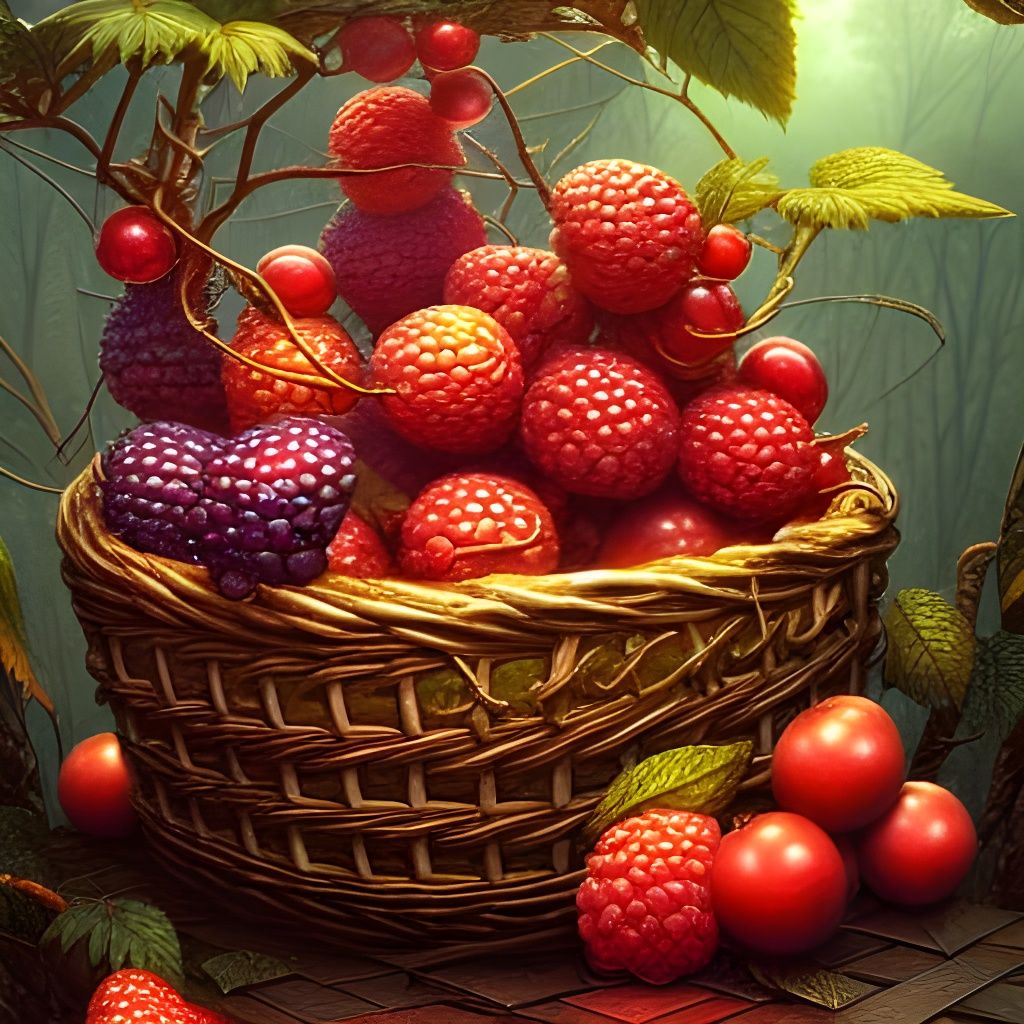 Hyper-Detailed Berries in Basket Fantasy Illustration