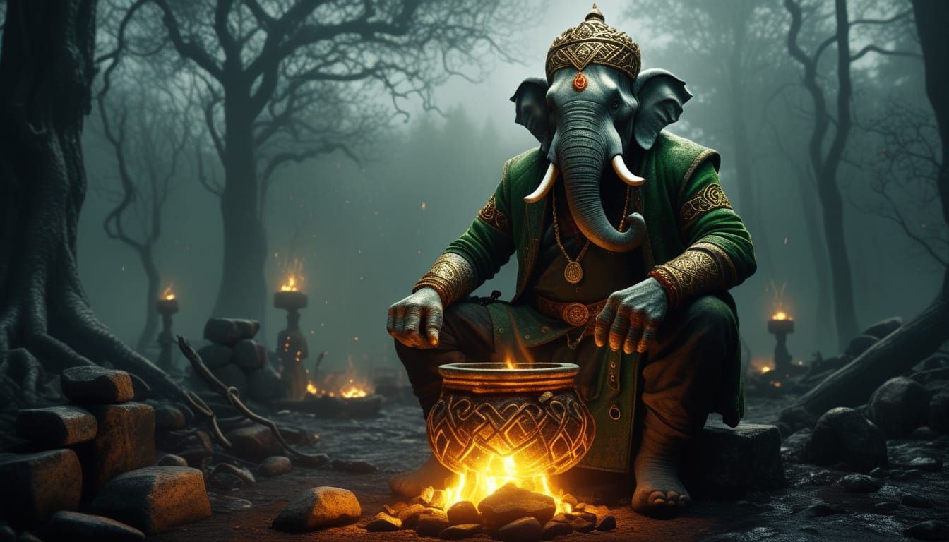 Demonic Ganesh Guards Celtic Cauldron of Gold
