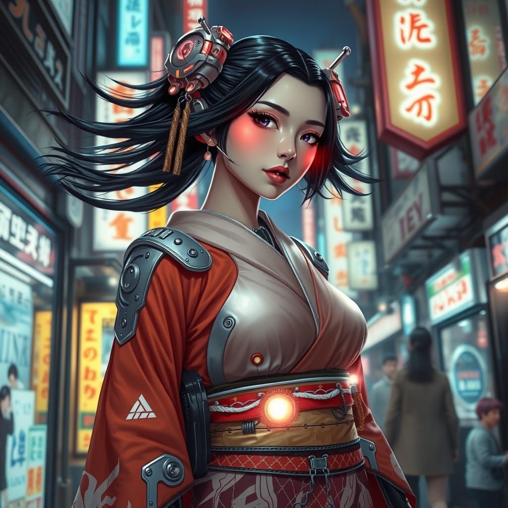 Cyberpunk Geisha in Neon Tokyo Alleyway