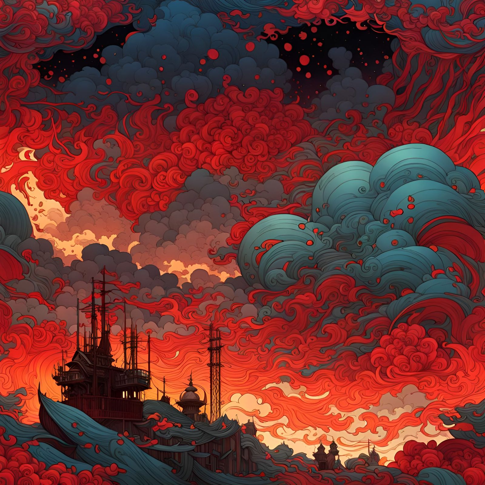 Chaotic Sky with Bloody Rain, Alphonse Mucha Style