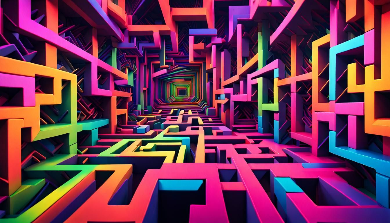 Hyperreal Maze Design in Neon Rainbow Colors