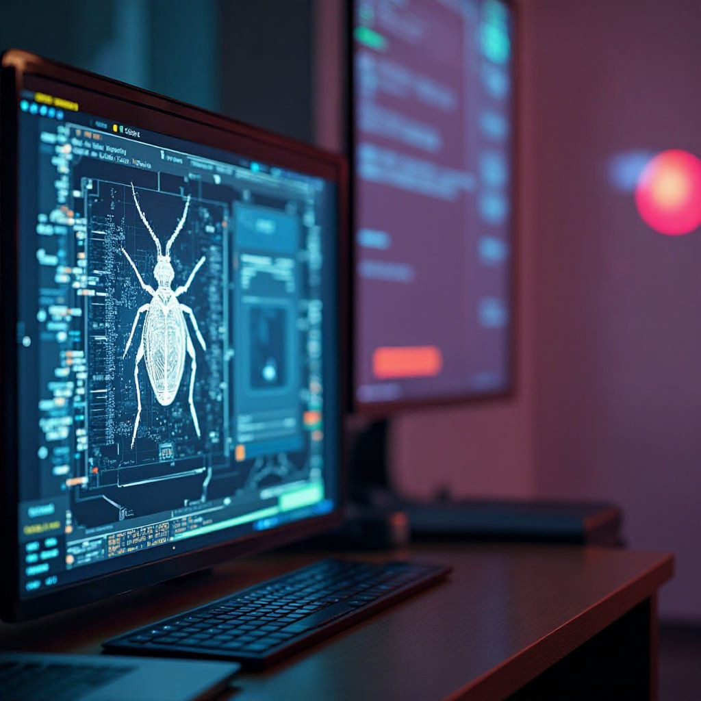 Software Engineer Inspects Bug in Futuristic Style