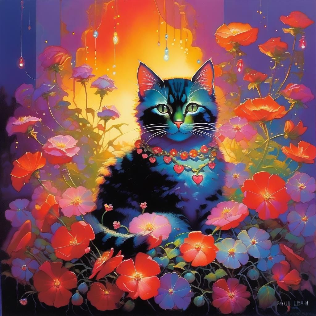 Cute Cat with Flowers in Surreal Sci-Fi Style