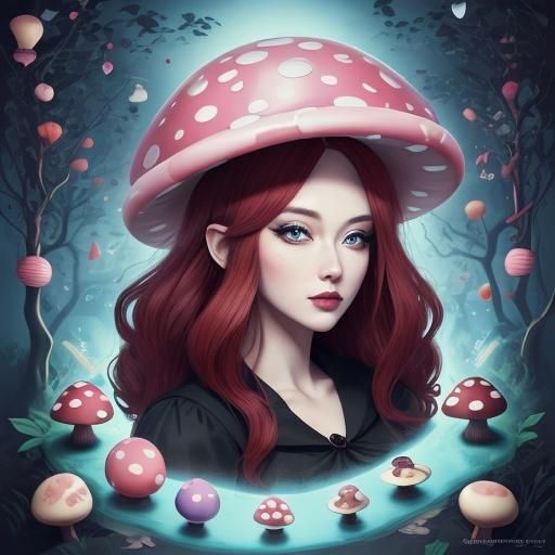 Anime Mushroom Woman in a Candyland Forest