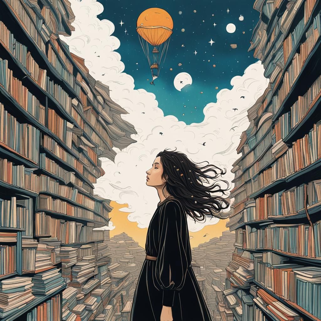 Girl Flies into Starry Sky with Books