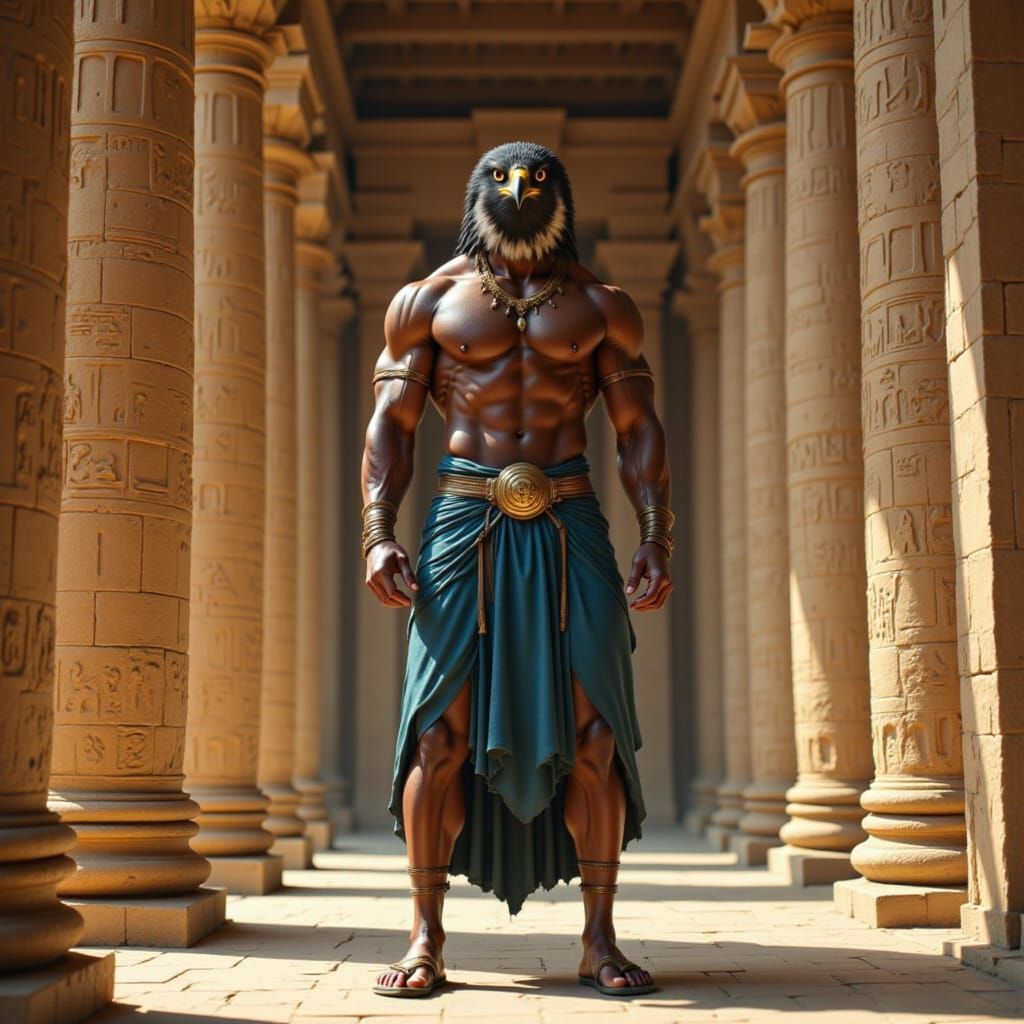 Falcon-Headed Man in Egyptian Temple Digital Art