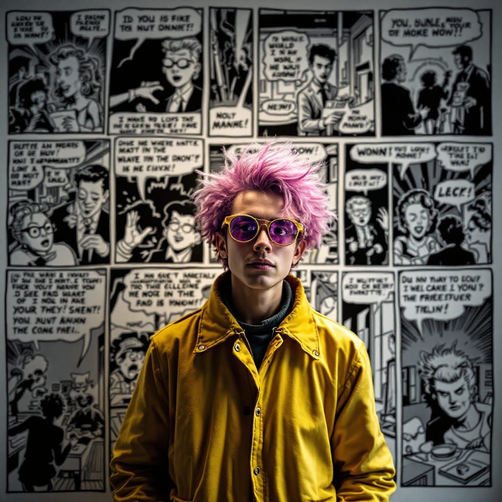 Photorealistic Figure in Comic Strip Scene