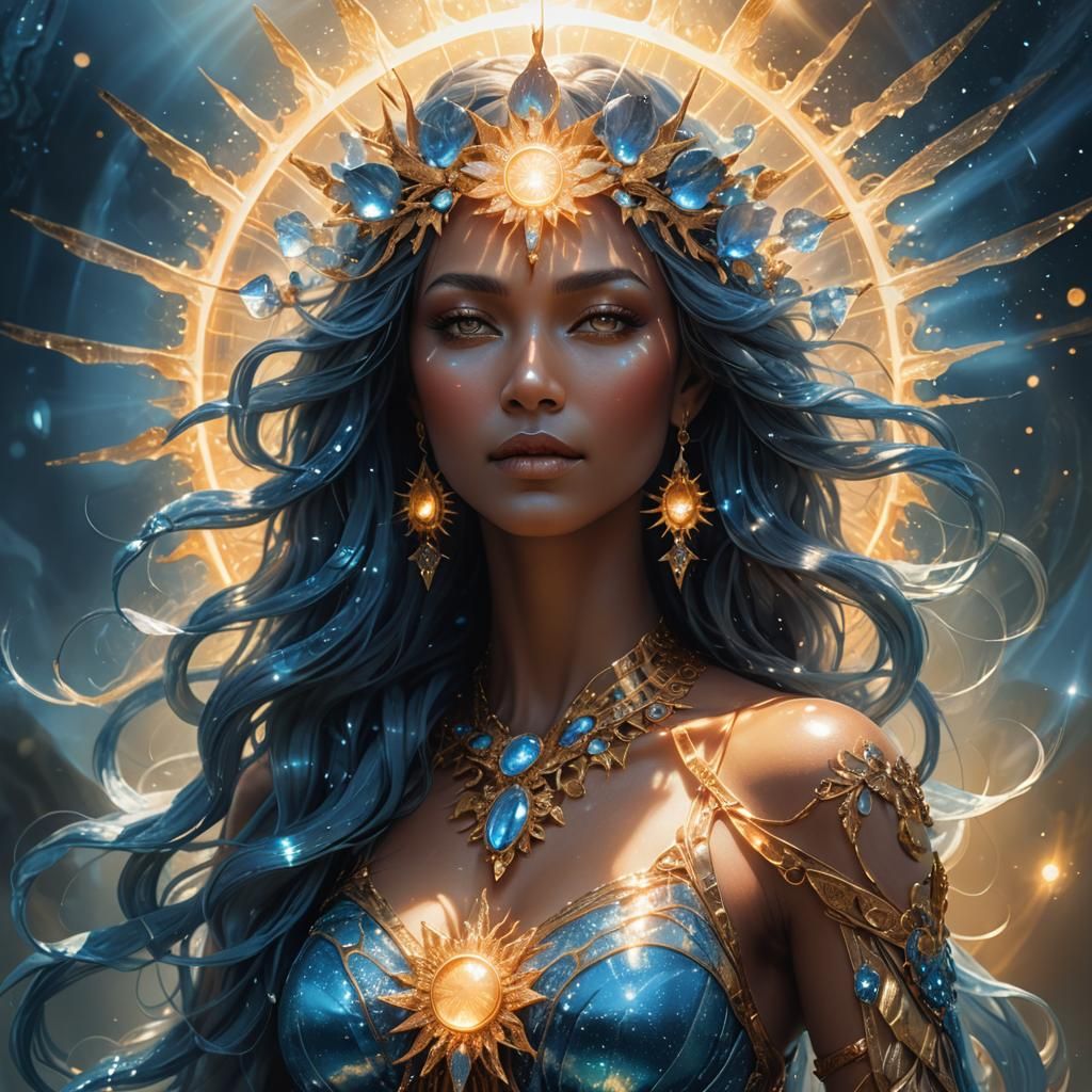 Ethereal Blue Goddess Holding a Glowing Sun
