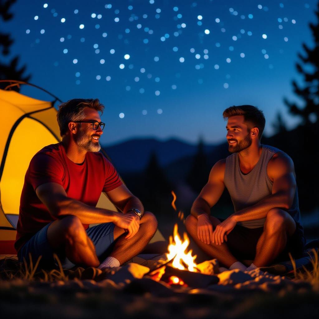 Men Stargazing by Campfire in Realistic Cinematic Style