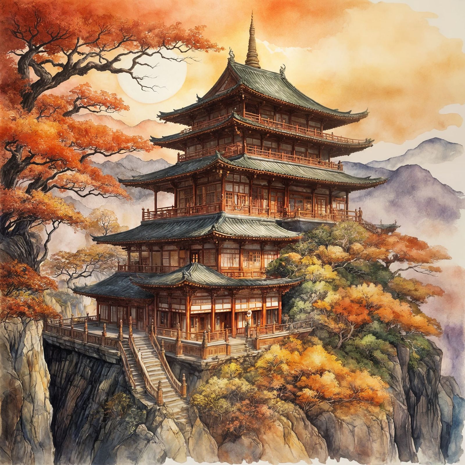 Cliffside Buddhist Temple with Red Sun, Watercolor Style