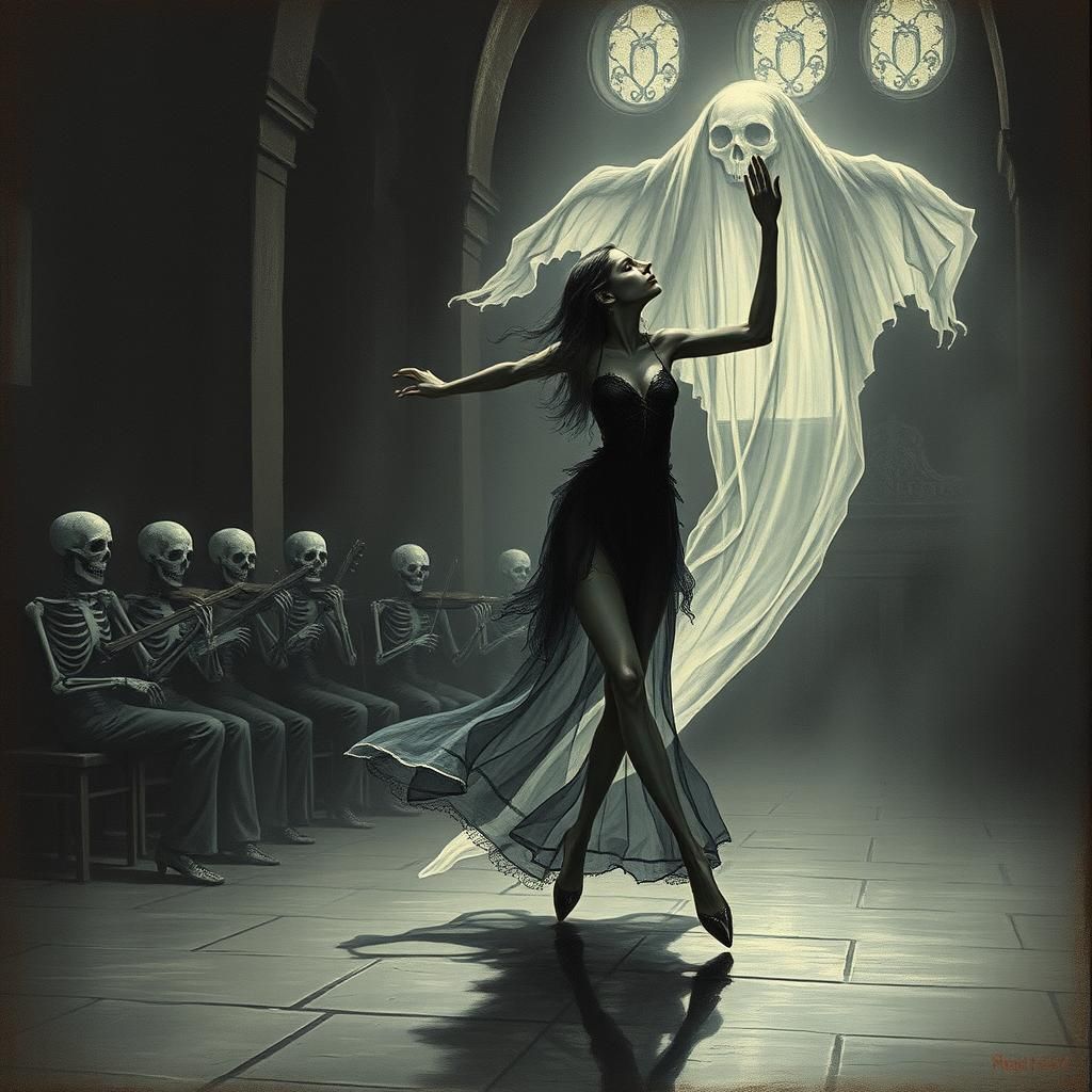 Gothic Girl's Ghostly Dance with Skeleton Orchestra