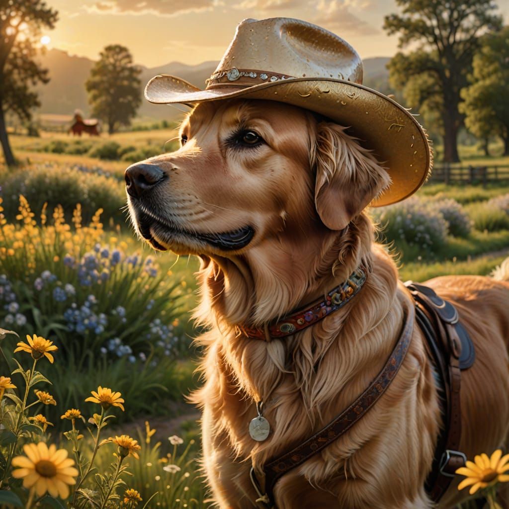 Golden Retriever Cowboy Rides Horse in Lush Field