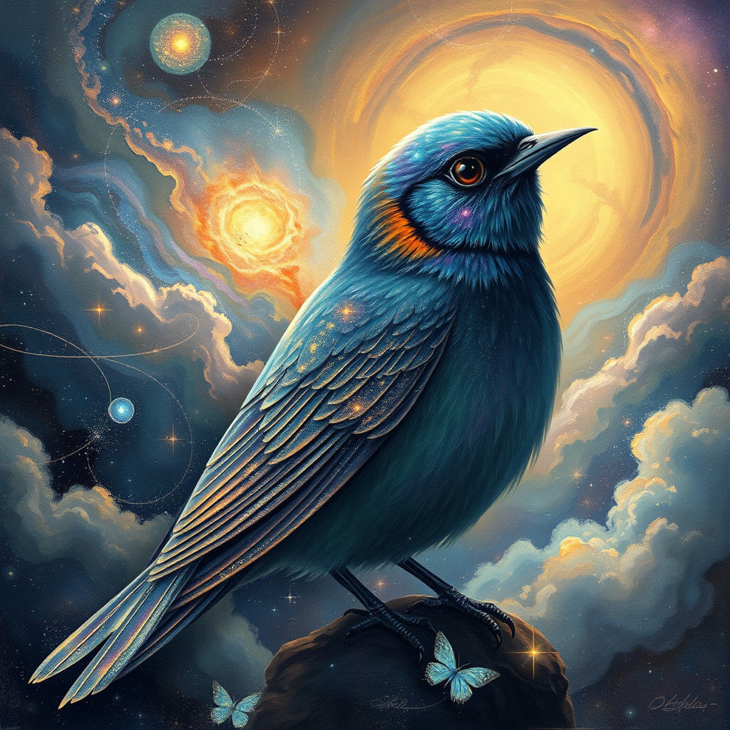 Iridescent Stardust Bird in Dreamlike Mixed Media