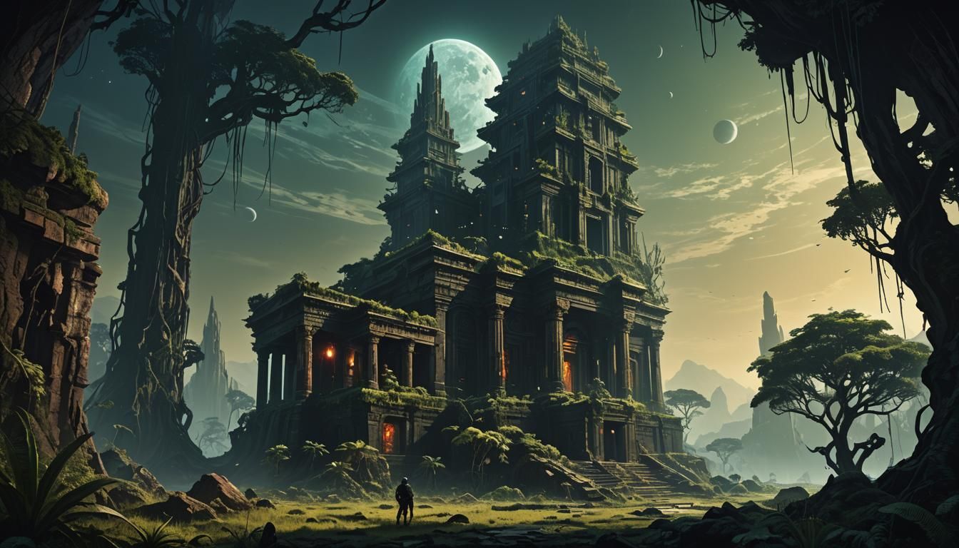 Exoplanet Temple Exploration in Science Fiction Style