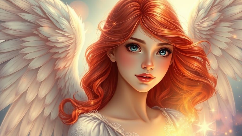 Magical Red-Haired Angel in Ethereal Light