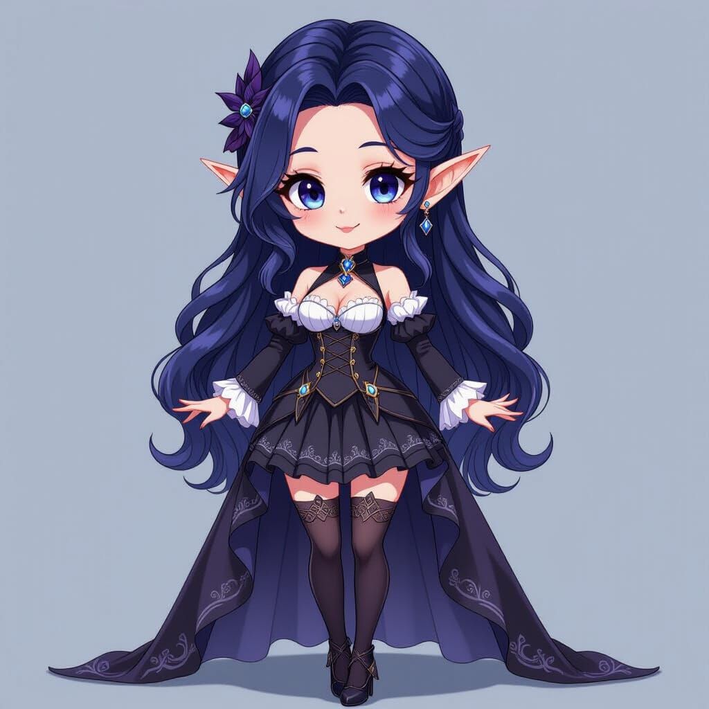 Chibi Dark Elf Woman in Gothic Victorian Style