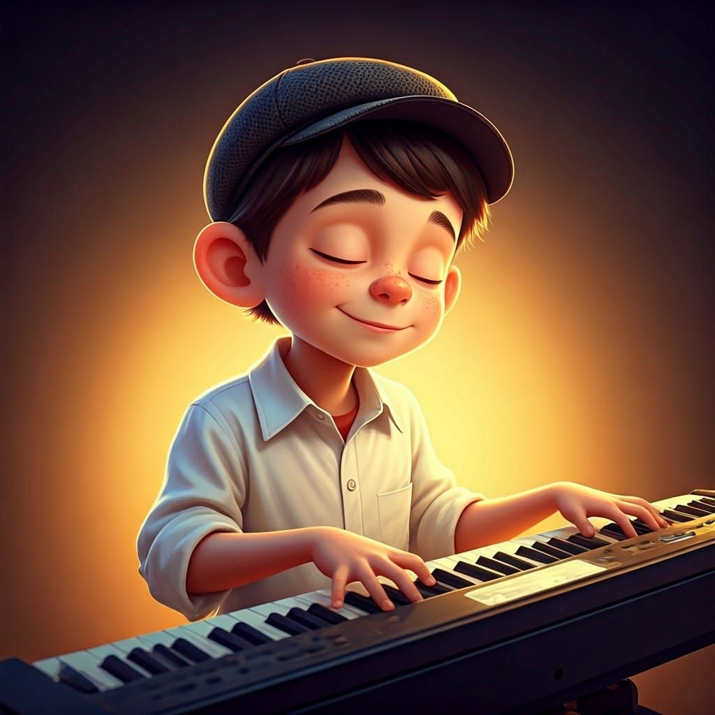 Boy Plays Piano in Victorian Cartoon Style