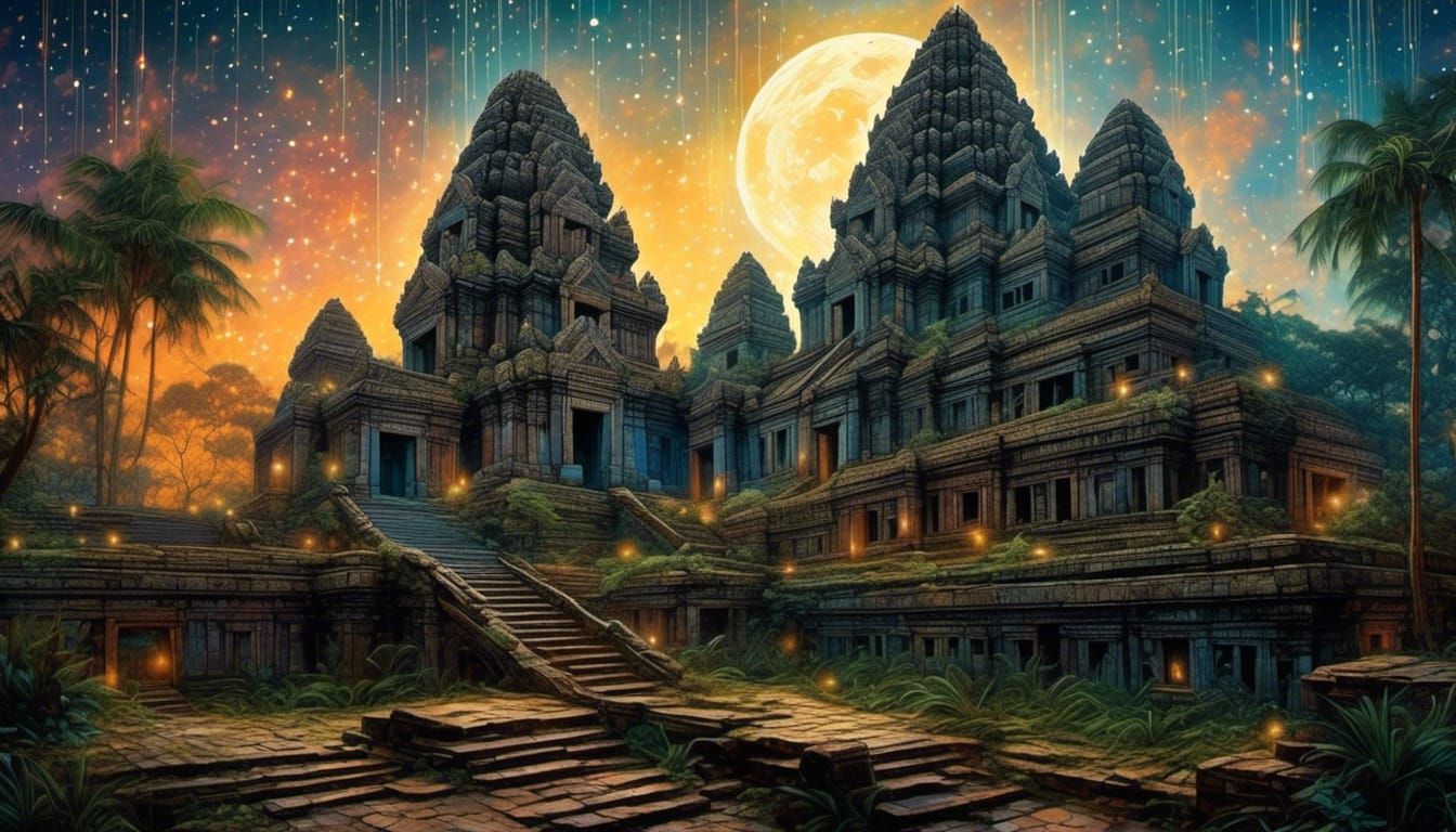 Overgrown Ancient Temple Under Starry Sky
