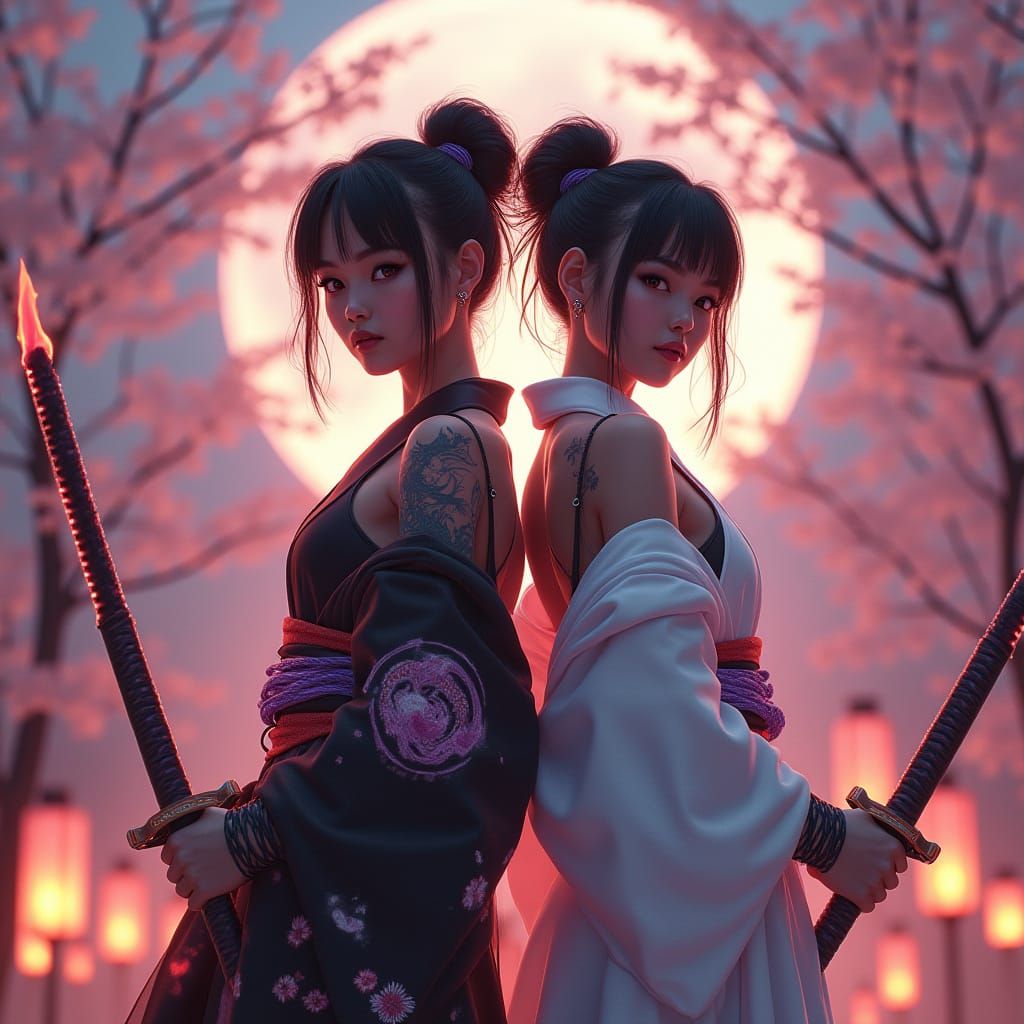 Cyberpunk Sisters in Cyber-Garden: Digital Painting