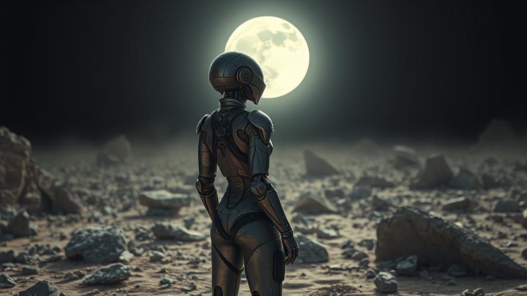 Android Contemplates Moon in Desolate Landscape