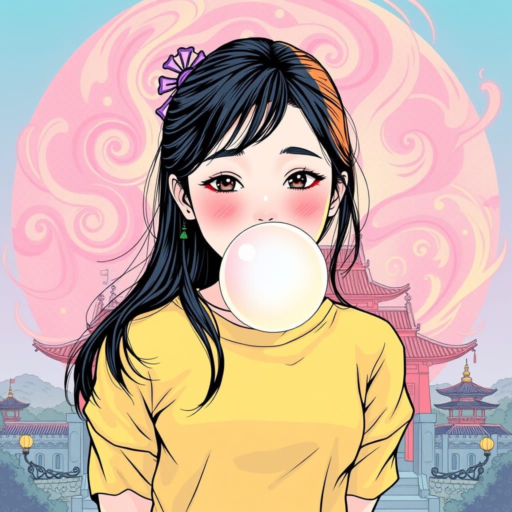Pastel Comic Girl Blowing Bubblegum