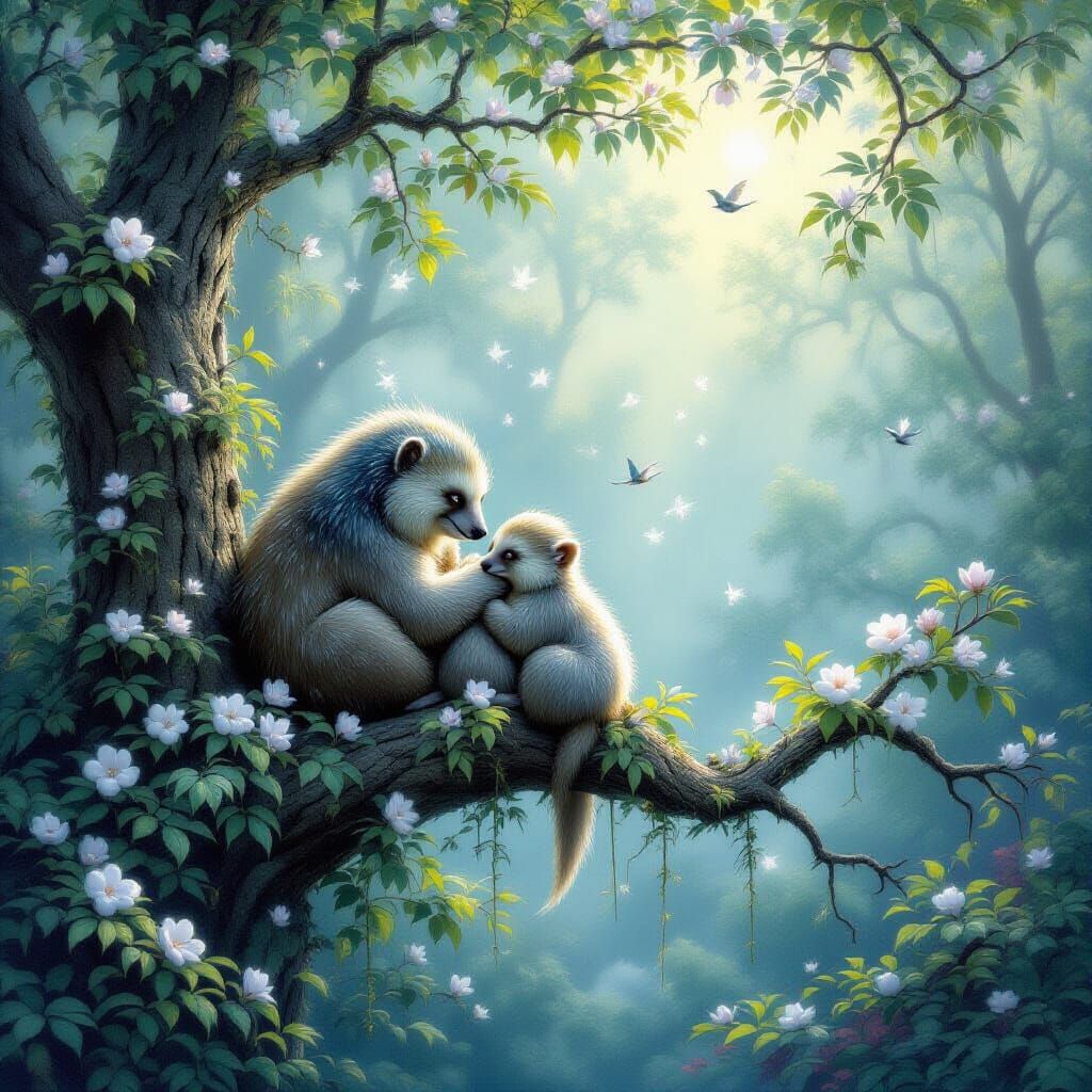 Ethereal Fantasy Forest with Sloth and Baby, Star Dust